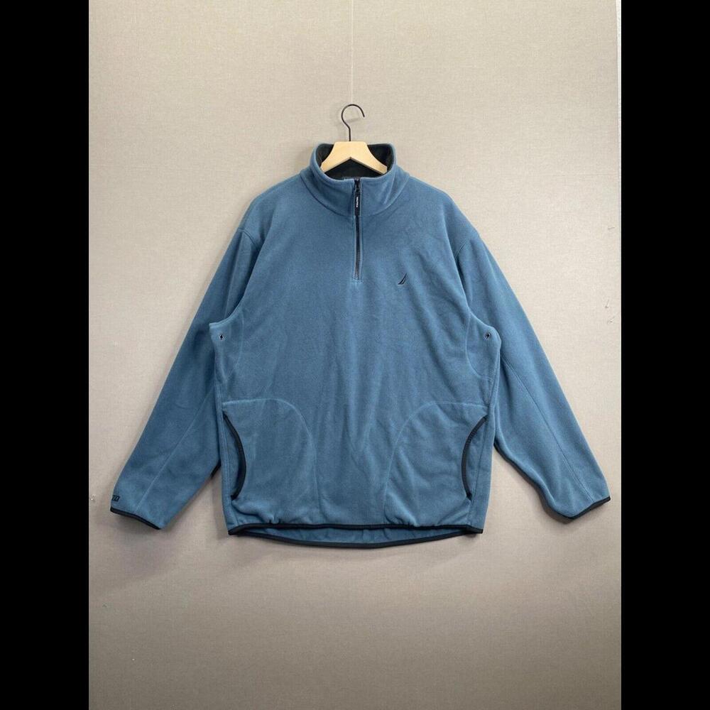 Nautica Mens Blue Pullover Sweater Mock Neck 1/4 Zip Up Pockets Sleeves Size XL